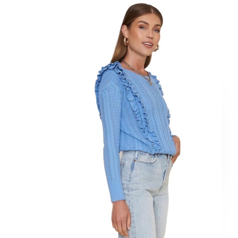 Blue Rain Blue Cable Knit Sweater Ruffle Detail Soft Cozy Size M